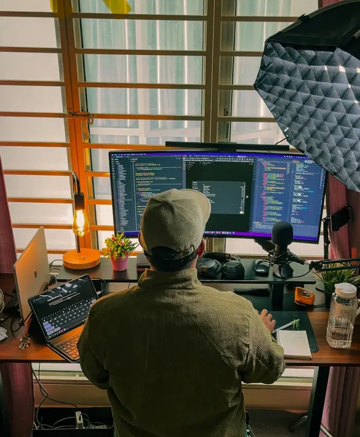 Services A developer's home office setup with multiple screens, coding in progress, and cozy lighting.