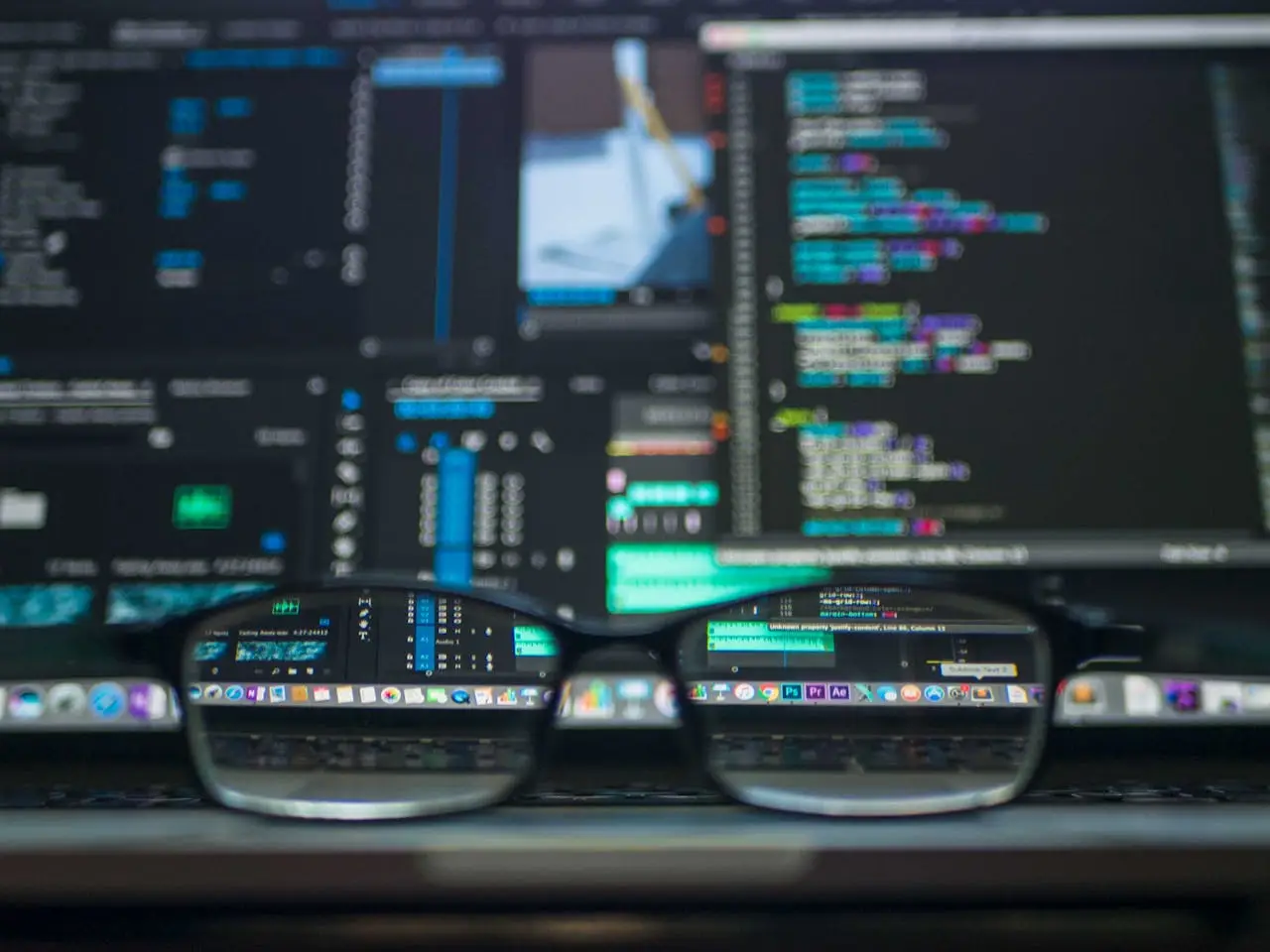 About Eyeglasses reflecting computer code on a monitor, ideal for technology and programming themes.