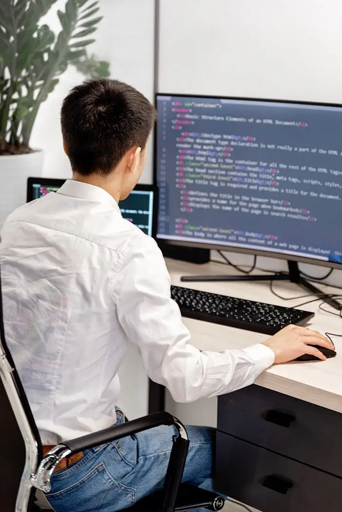 Services Back view of a programmer in a white shirt coding in an office workspace.